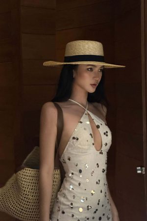 ROVENTE Sequin Halter Maxi Dress with Keyhole Front