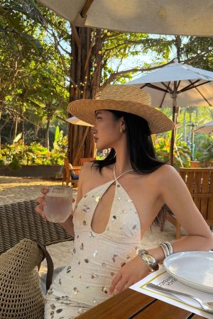 ROVENTE Sequin Halter Maxi Dress with Keyhole Front