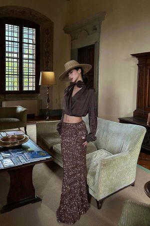ROVENTE Sequin Mermaid Maxi Skirt with High Waist and Body-Hugging Silhouette