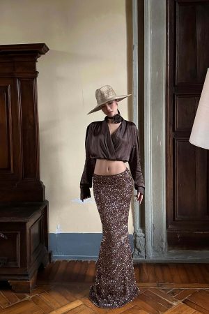 ROVENTE Sequin Mermaid Maxi Skirt with High Waist and Body-Hugging Silhouette