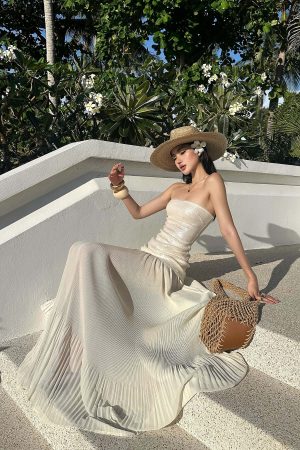 ROVENTE Sequin & Pleated Chiffon Strapless Dress