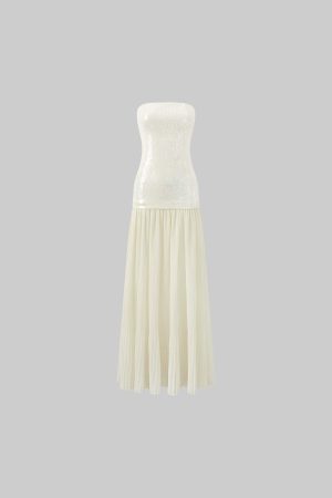 ROVENTE Sequin & Pleated Chiffon Strapless Dress