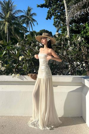 ROVENTE Sequin & Pleated Chiffon Strapless Dress