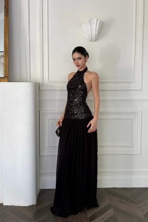 ROVENTE Sequined Halter Maxi Dress