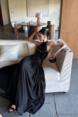 ROVENTE Sequined Halter Maxi Dress