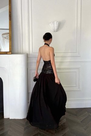 ROVENTE Sequined Halter Maxi Dress