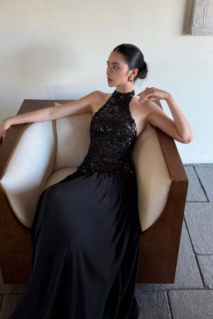 ROVENTE Sequined Halter Maxi Dress