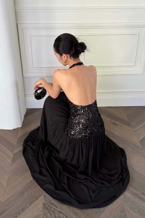 ROVENTE Sequined Halter Maxi Dress