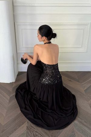 ROVENTE Sequined Halter Maxi Dress