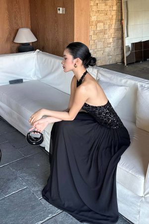 ROVENTE Sequined Halter Maxi Dress