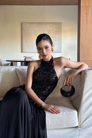 ROVENTE Sequined Halter Maxi Dress