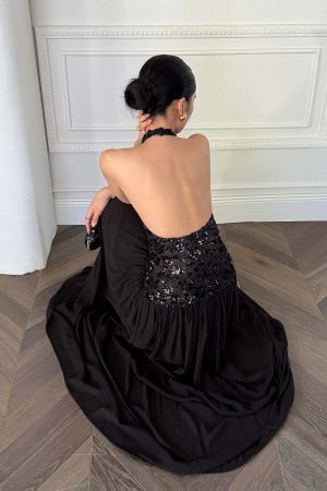 ROVENTE Sequined Halter Maxi Dress