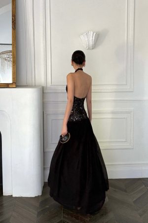 ROVENTE Sequined Halter Maxi Dress