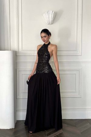 ROVENTE Sequined Halter Maxi Dress