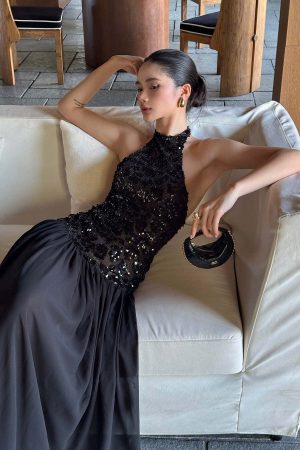 ROVENTE Sequined Halter Maxi Dress