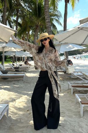 ROVENTE Sheer Leopard Blouse with Draped Tie & Rosette