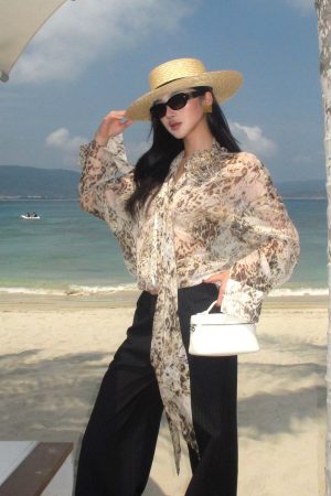ROVENTE Sheer Leopard Blouse with Draped Tie & Rosette