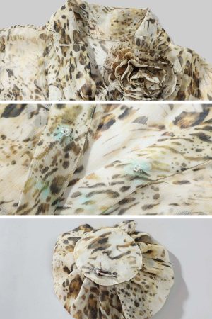 ROVENTE Sheer Leopard Blouse with Draped Tie & Rosette