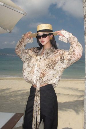 ROVENTE Sheer Leopard Blouse with Draped Tie & Rosette