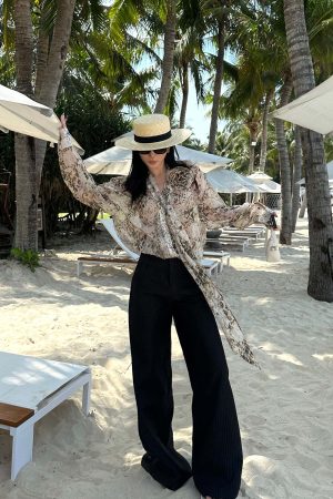 ROVENTE Sheer Leopard Blouse with Draped Tie & Rosette