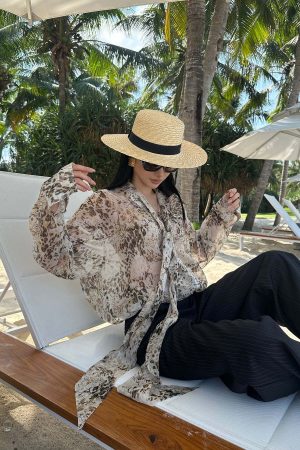 ROVENTE Sheer Leopard Blouse with Draped Tie & Rosette