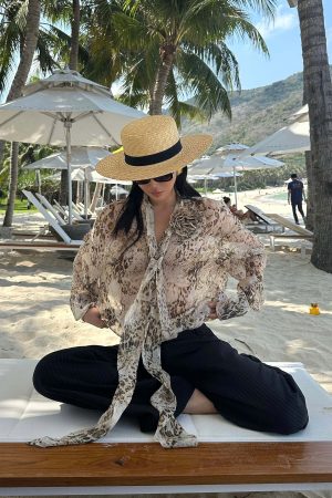 ROVENTE Sheer Leopard Blouse with Draped Tie & Rosette