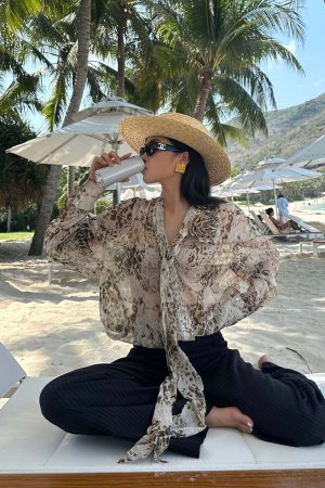 ROVENTE Sheer Leopard Blouse with Draped Tie & Rosette