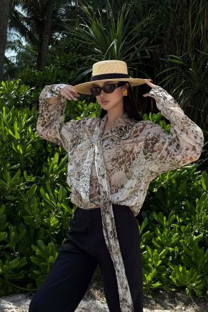 ROVENTE Sheer Leopard Blouse with Draped Tie & Rosette