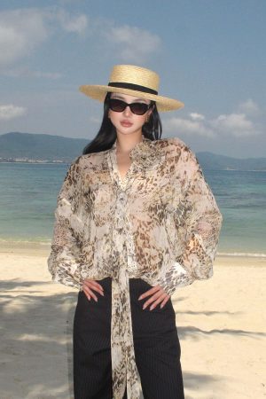 ROVENTE Sheer Leopard Blouse with Draped Tie & Rosette