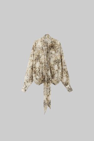 ROVENTE Sheer Leopard Blouse with Draped Tie & Rosette