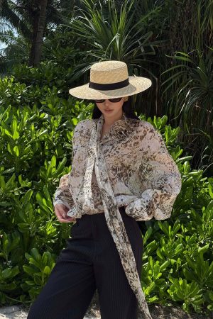 ROVENTE Sheer Leopard Blouse with Draped Tie & Rosette