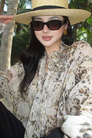 ROVENTE Sheer Leopard Blouse with Draped Tie & Rosette