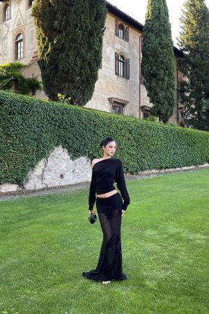 ROVENTE Sheer Mesh Sequin Maxi Skirt with Floral Embroidery