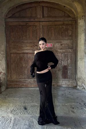 ROVENTE Sheer Mesh Sequin Maxi Skirt with Floral Embroidery