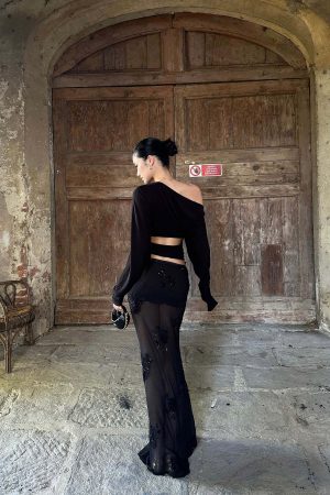 ROVENTE Sheer Mesh Sequin Maxi Skirt with Floral Embroidery