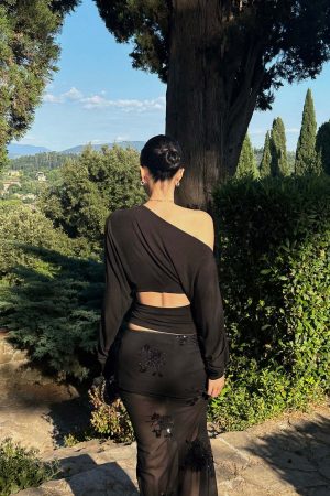 ROVENTE Sheer Mesh Sequin Maxi Skirt with Floral Embroidery