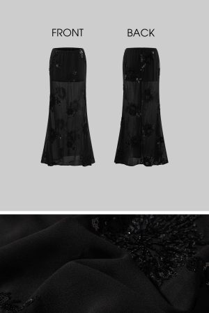 ROVENTE Sheer Mesh Sequin Maxi Skirt with Floral Embroidery