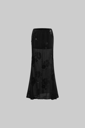 ROVENTE Sheer Mesh Sequin Maxi Skirt with Floral Embroidery
