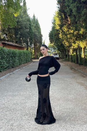 ROVENTE Sheer Mesh Sequin Maxi Skirt with Floral Embroidery