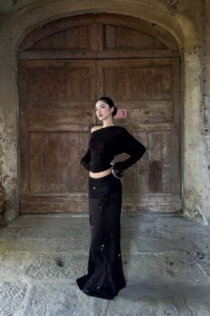 ROVENTE Sheer Mesh Sequin Maxi Skirt with Floral Embroidery