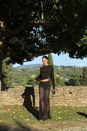 ROVENTE Sheer Mesh Sequin Maxi Skirt with Floral Embroidery