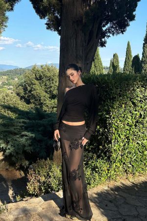 ROVENTE Sheer Mesh Sequin Maxi Skirt with Floral Embroidery