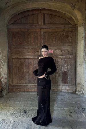 ROVENTE Sheer Mesh Sequin Maxi Skirt with Floral Embroidery