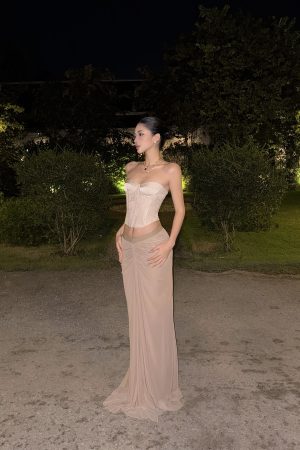 ROVENTE Sheer Ruched Mesh Maxi Skirt