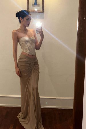 ROVENTE Sheer Ruched Mesh Maxi Skirt