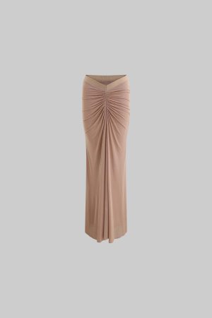 ROVENTE Sheer Ruched Mesh Maxi Skirt