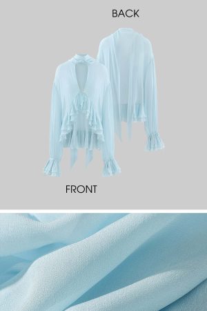 ROVENTE Sheer Ruffle Tie Blouse