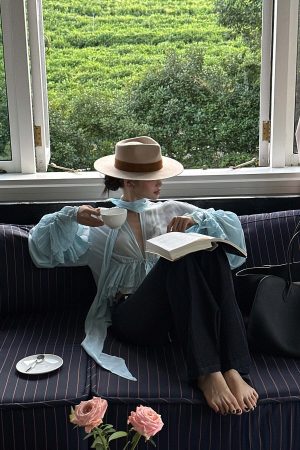 ROVENTE Sheer Ruffle Tie Blouse