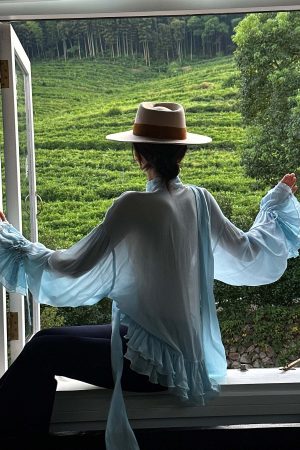 ROVENTE Sheer Ruffle Tie Blouse