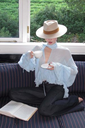 ROVENTE Sheer Ruffle Tie Blouse